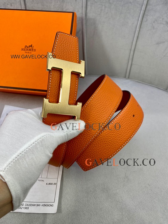 Copy Hermes Orange Red Double-sided Gold H Buckle for Men